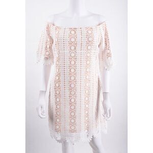 Just Me Womens Off The Shoulder Dress L White Tan Crochet Floral knee length